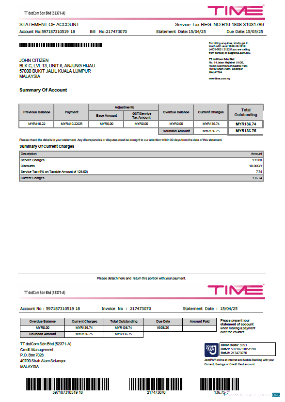 download download Malaysia Time utility bill template in Word and PDF formats PDF template PDF template